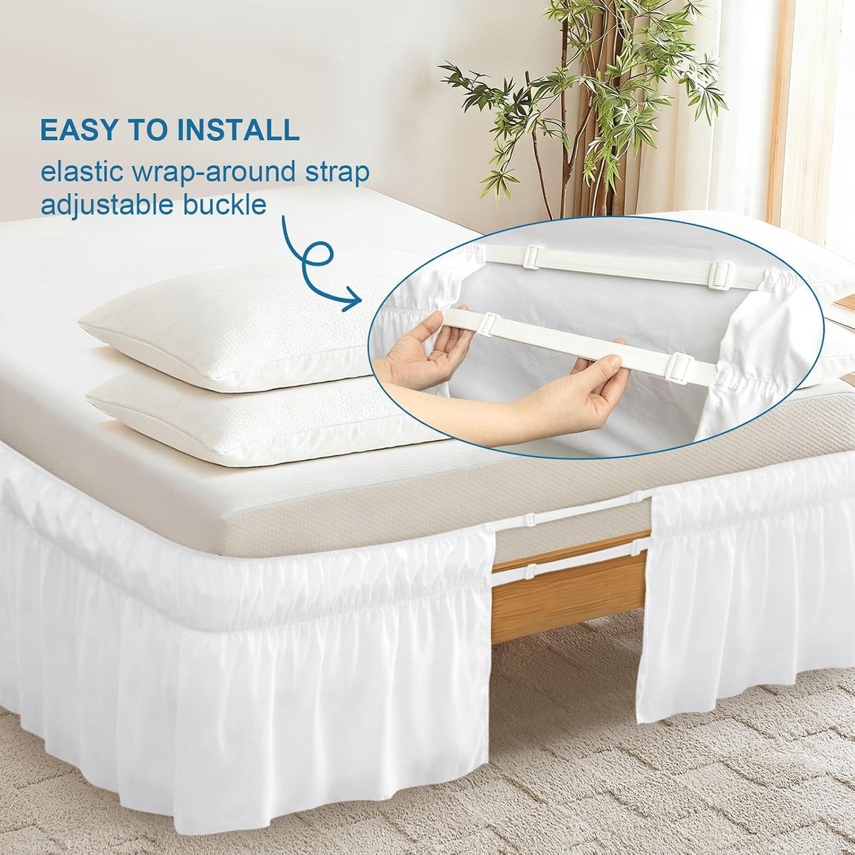 Queen Bed Skirt with Elastic Strap, Ruffle Bed Skirting Queen Size 16" Drop
