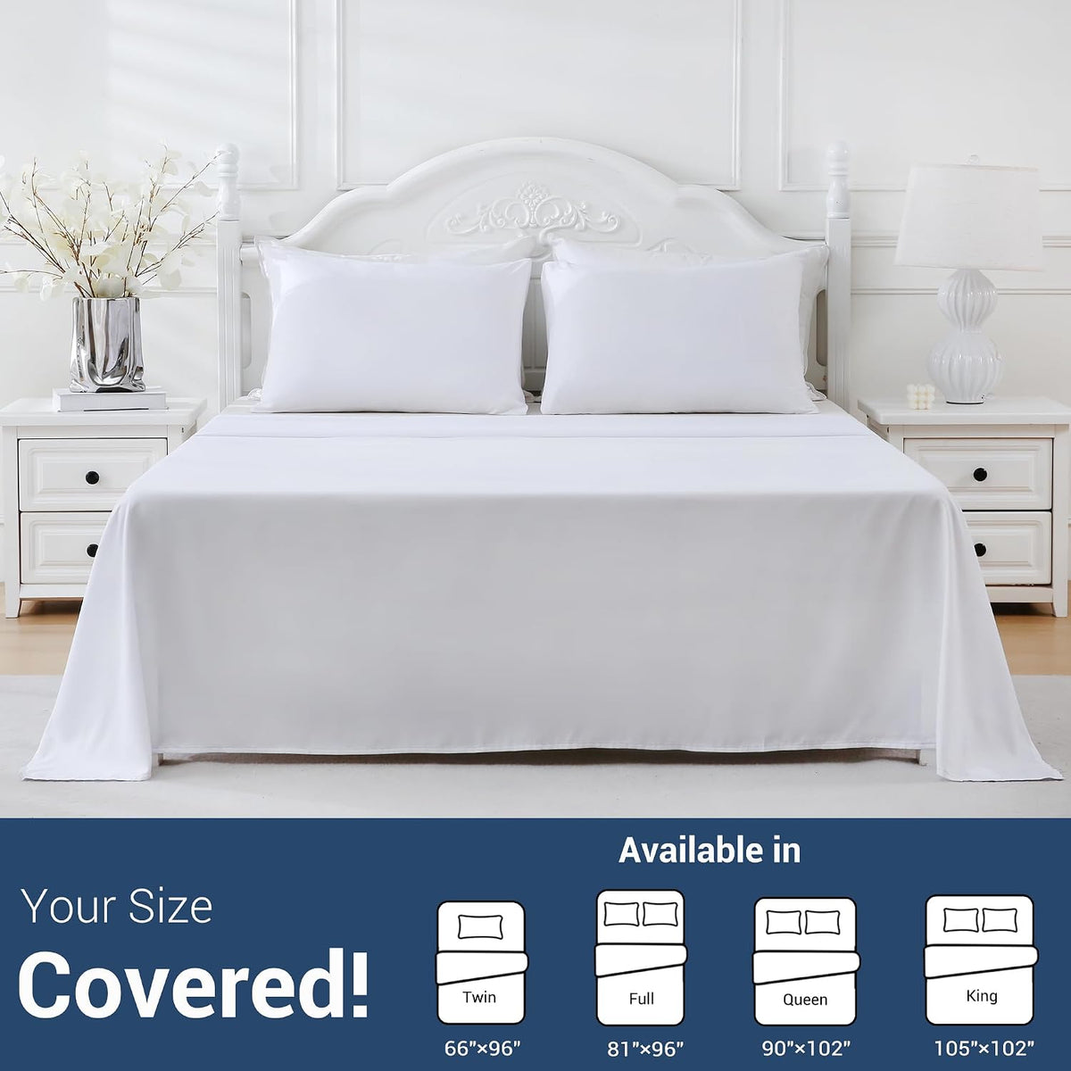 CULVE Twin Flat Sheet Only, 1 Pack White, Soft Brushed Microfiber, 66x96