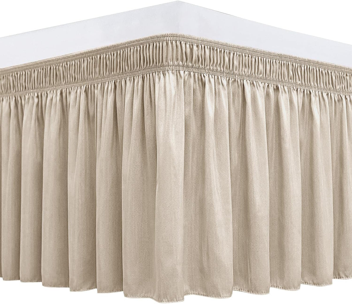 Wrap Around Queen Size Bed Skirt 15" Drop-Elastic Dust Ruffle Light Camel