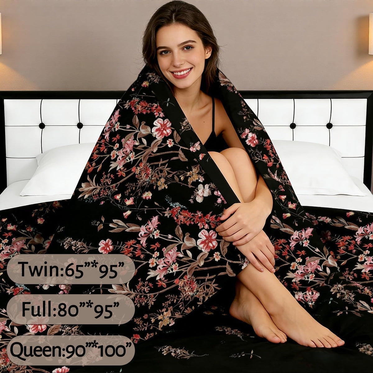 MAG Floral Flat Sheet Queen Size 90" x 100", Black & Pink Flower Printed Top Sheet Only, Soft Microfiber Lightweight for Women, Men, Teens on Bedroom Guest Room.