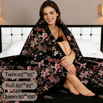 MAG Floral Flat Sheet Queen Size 90" x 100", Black & Pink Flower Printed Top Sheet Only, Soft Microfiber Lightweight for Women, Men, Teens on Bedroom Guest Room.