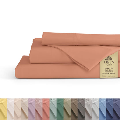 Linen Home 100% Cotton Percale Sheets Queen Size 4 Pc Cooling Set - White