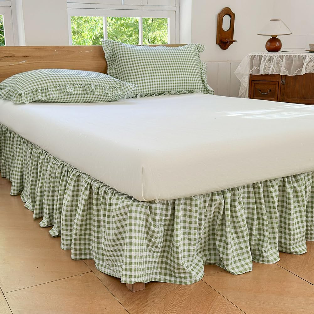NSNLGSGC Green Gingham Wrap Around Ruffled Bed Skirt, Queen, 15 Inch Drop