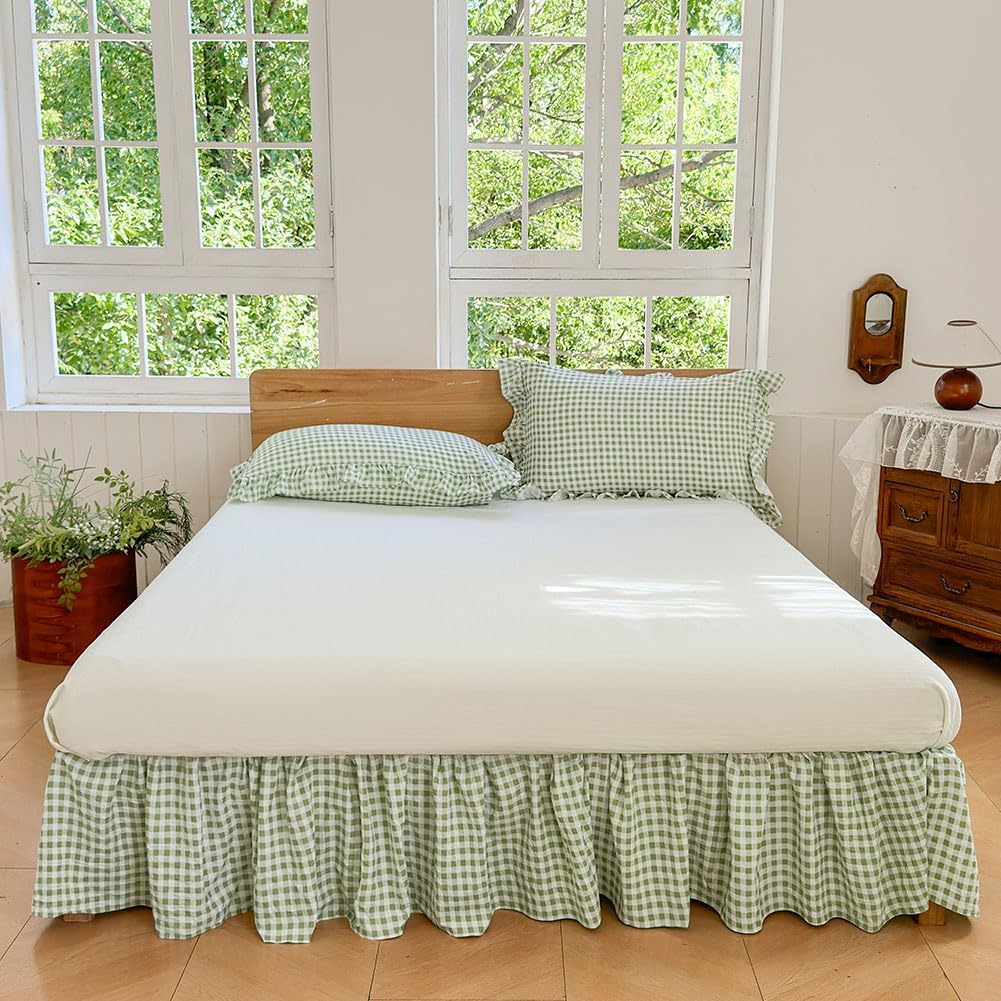 NSNLGSGC Green Gingham Wrap Around Ruffled Bed Skirt, Queen, 15 Inch Drop