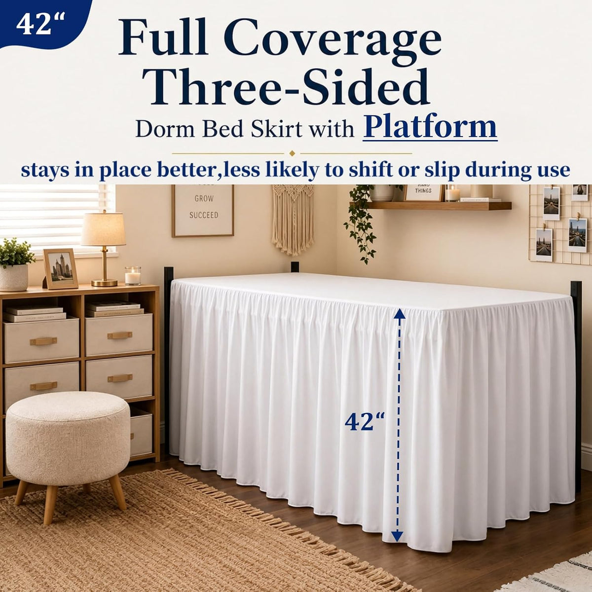 White Platform Dorm Bed Skirt Twin XL 42 Inch Drop,Extra Long Drop