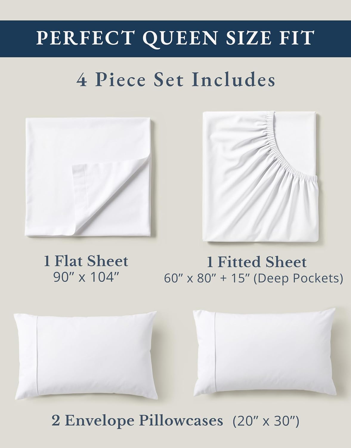 LANE LINEN Queen Sheets 100% Organic Cotton 4pc Percale Cooling - White