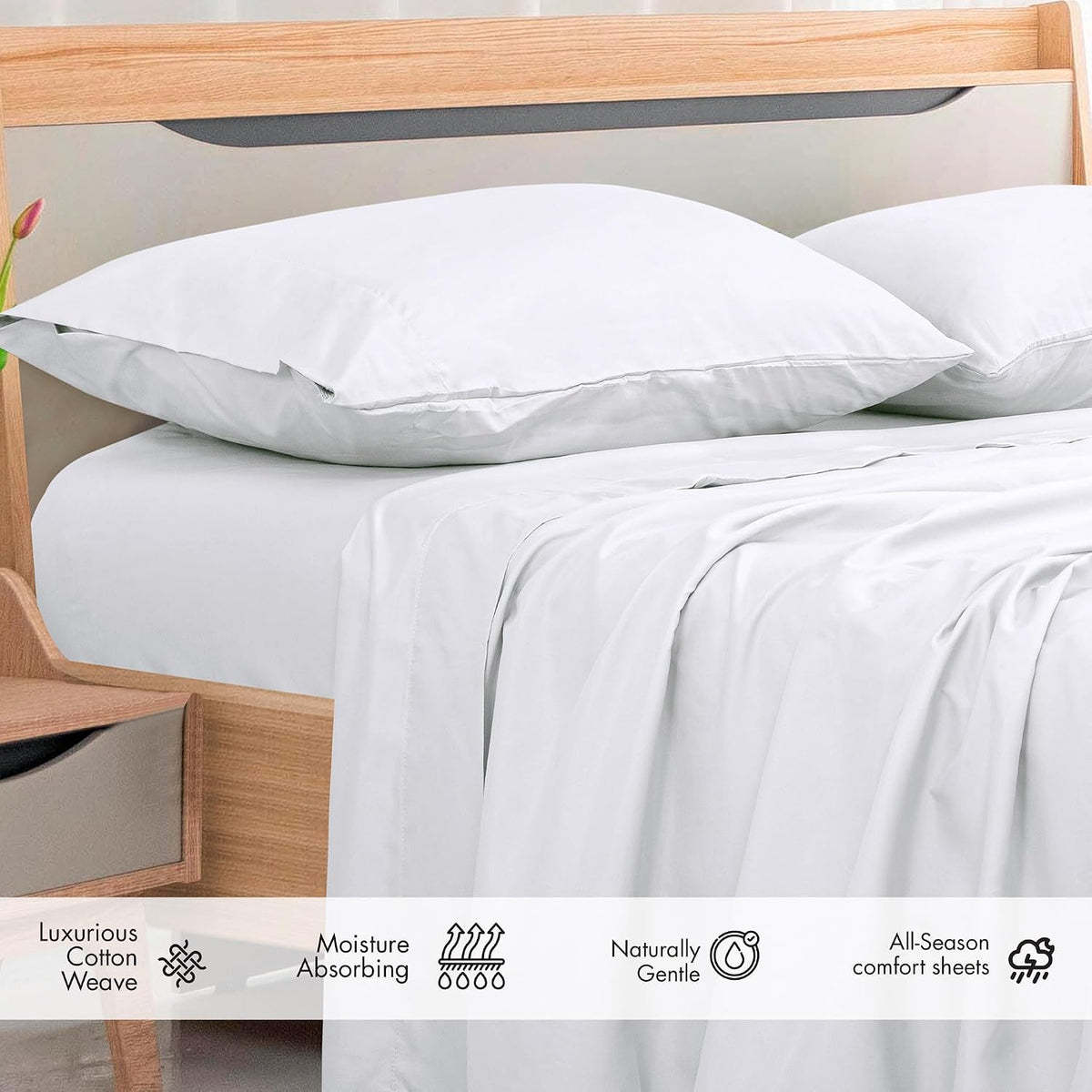 Royale Linens 300 Thread Count 100% Cotton Queen Flat Sheet Only - Super Soft Flat Sheets Only - Top Sheet Sold Separately - Breathable, Cool & Crisp White Flat Sheet (Queen, White)