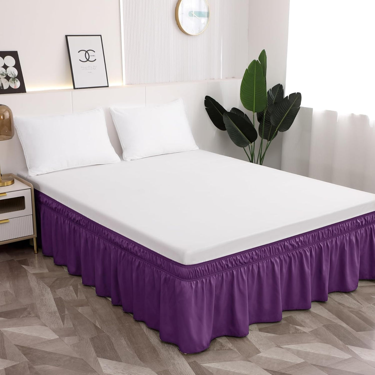 Toodou Easy to Install Wrap Around Bed Skirt Three Fabric Sides Elastic Dust Ruffled 16 Inch Tailored Drop, Fade Resistant-Black, Twin/Twin XL