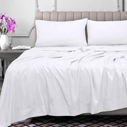 Royale Linens 300 Thread Count 100% Cotton Queen Flat Sheet Only - Super Soft Flat Sheets Only - Top Sheet Sold Separately - Breathable, Cool & Crisp White Flat Sheet (Queen, White)