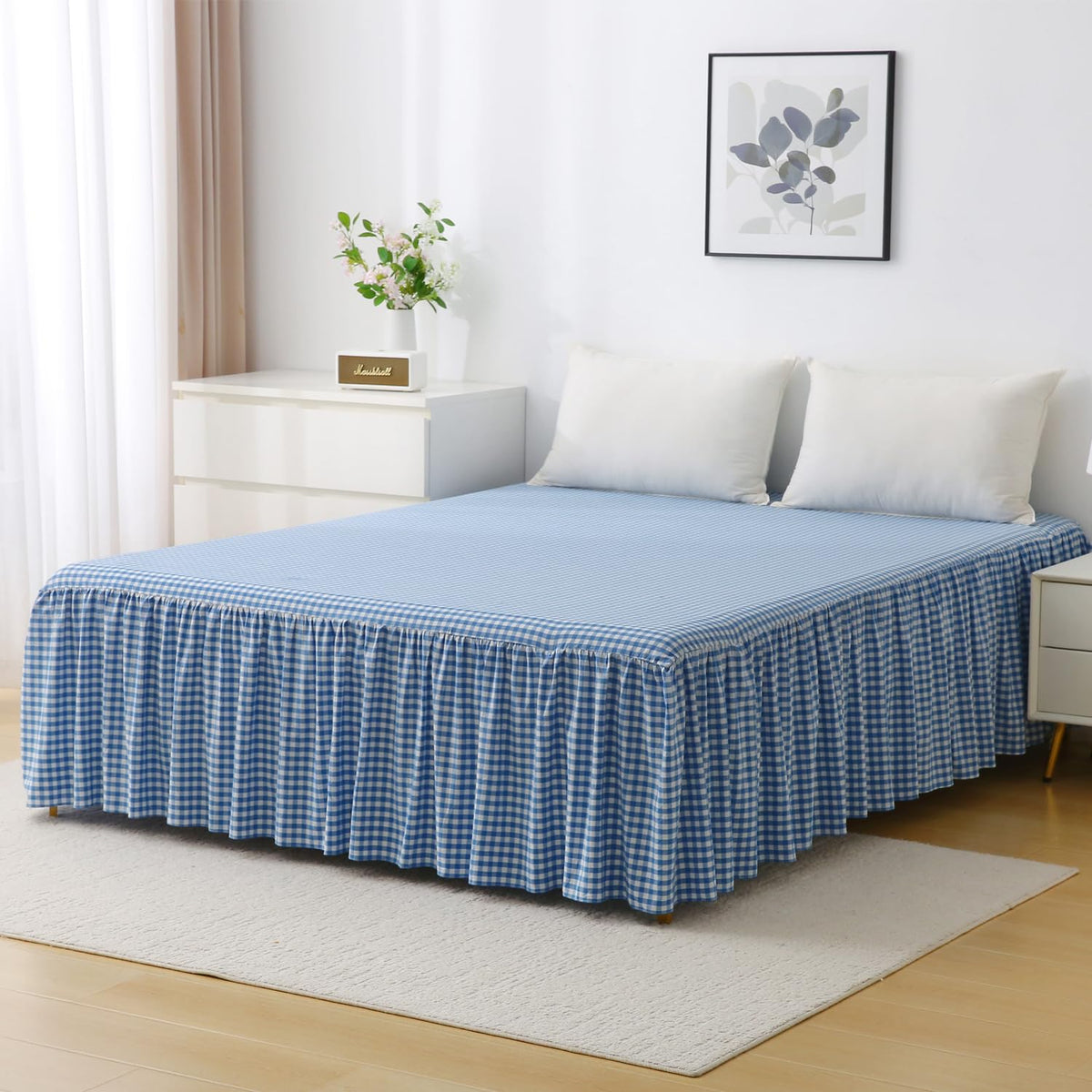 Silnuo Taupe/White Plaid Bed Skirt Gingham Dust Ruffle Queen Size 18"