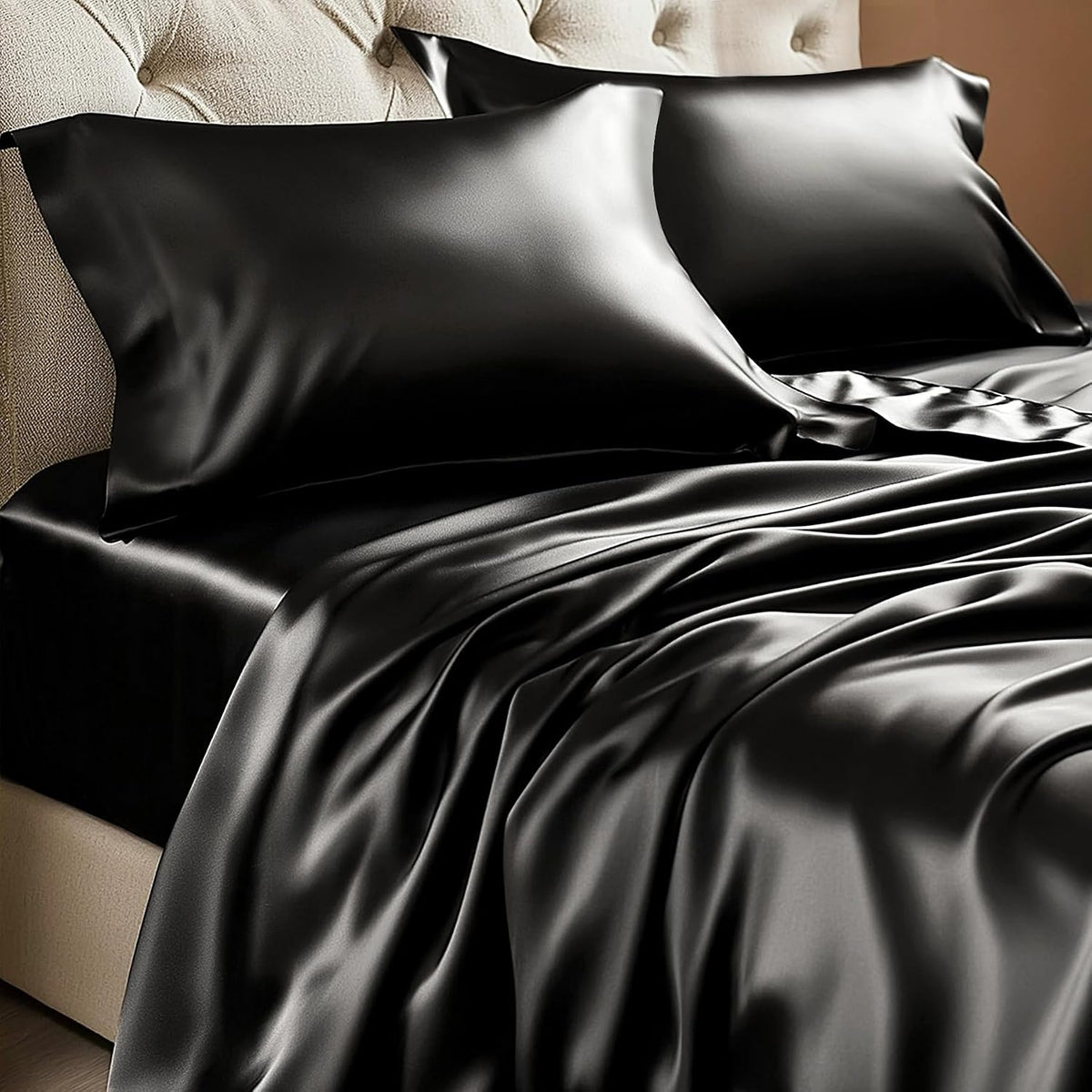 BEDELITE Satin Sheets Queen Size Bed Set, Black, 4 Pieces
