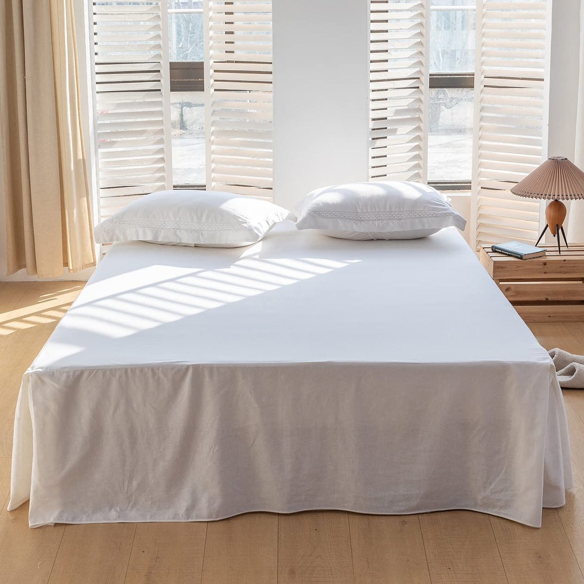 BISELINA French Linen Wrap Around Bed Skirt with Pleated Corner 14-Inch Tailored Drop Natural Flax Cotton Blend Basic Soft Cozy (14" Queen, Linen)
