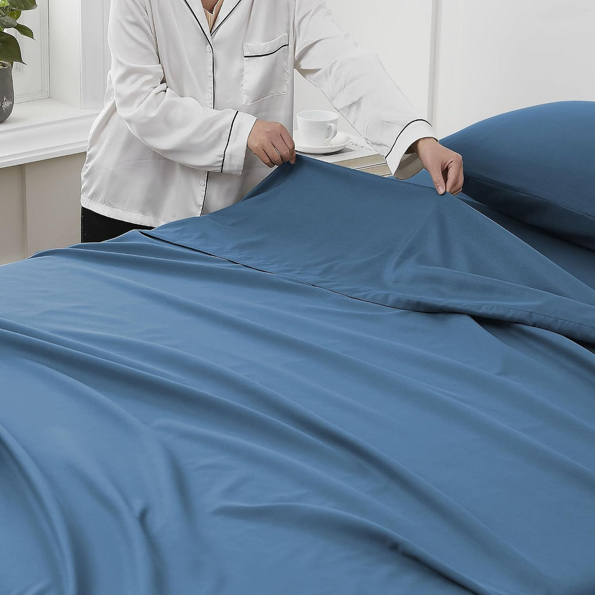 King Size Flat Sheet Only - Ultra Soft & Breathable Brushed Microfiber Top Sheet Only for King Size Beds, Denim Blue