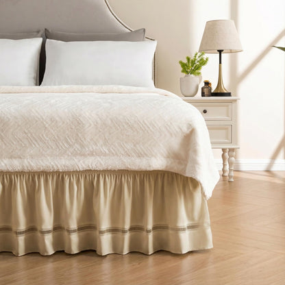 MIYE Wrap Around Ruffled Lace Bed Skirt, Elastic Dust Ruffle with Adjustable Belts, Easy to Put On, Bed Frame Cover, Machine Washable (Floral Lace/White, King/Queen-15 Drop)