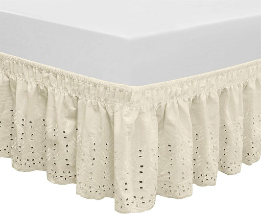 Wrap Around Elastic Eyelet Bed Skirt Dust Ruffle (Ivory, Twin/Full-18 Inch Drop)