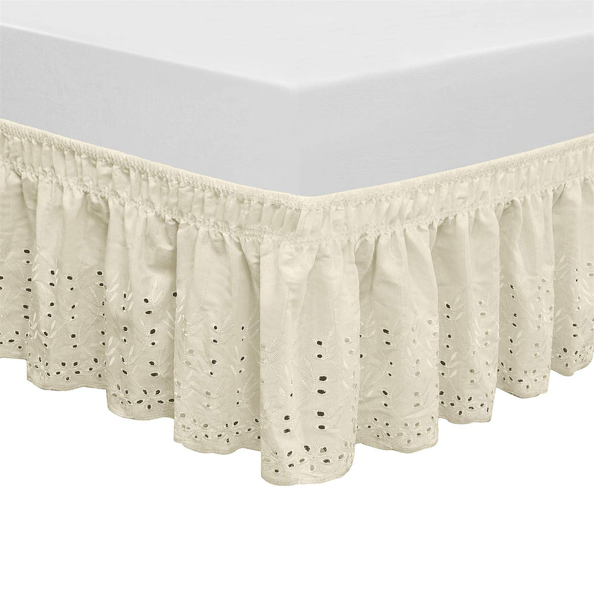 Wrap Around Elastic Eyelet Bed Skirt Dust Ruffle (Ivory, Twin/Full-18 Inch Drop)