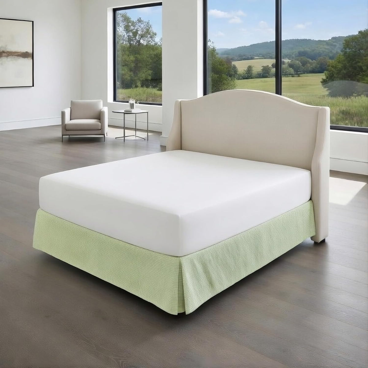 Barefoot Bungalow Coastal Life 100% Cotton Seersucker Gingham Bed Skirt, 15 in. L, Queen, Light Green