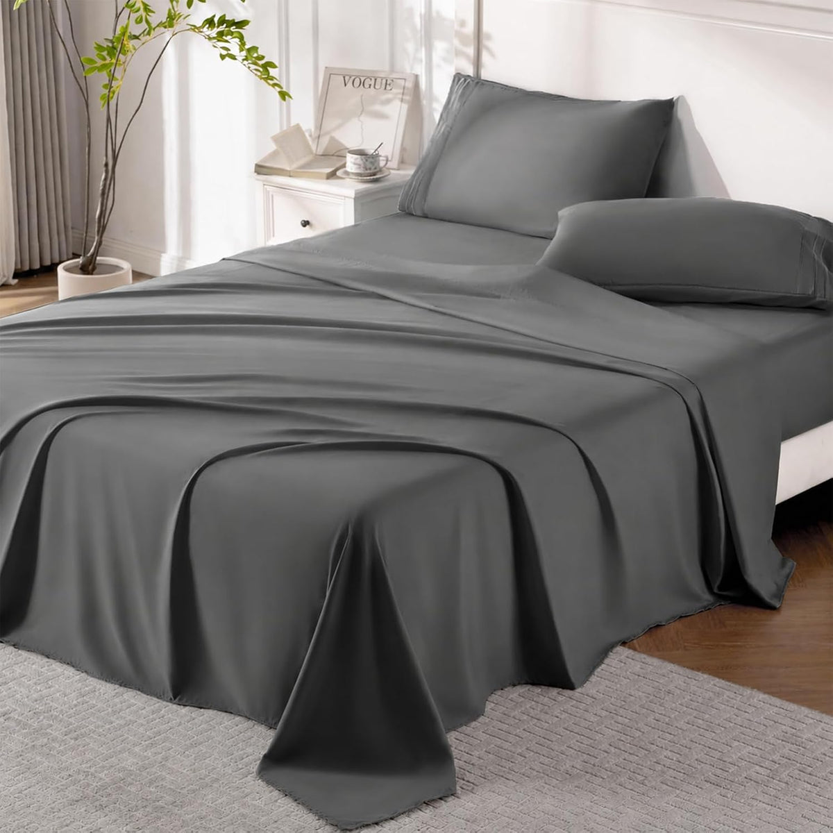 ROSE&RISY 6-Pack Twin Flat Sheets, Bulk Ultra Soft Microfiber Bedding, Cooling & Breathable Top Flat Sheet, Fade & Shrink Resistant & Easy Care Hotel Quality (Dark Grey, Twin Size)