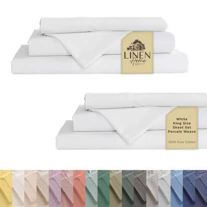 Linen Home 100% Cotton Percale Sheets Queen Size 4 Pc Cooling Set - White