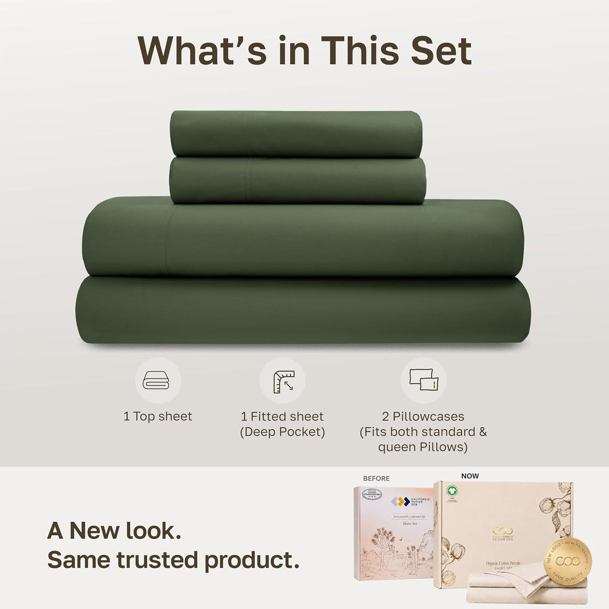 California Design Den 100% Organic Cotton Queen Bed Sheet Set, Olive Green