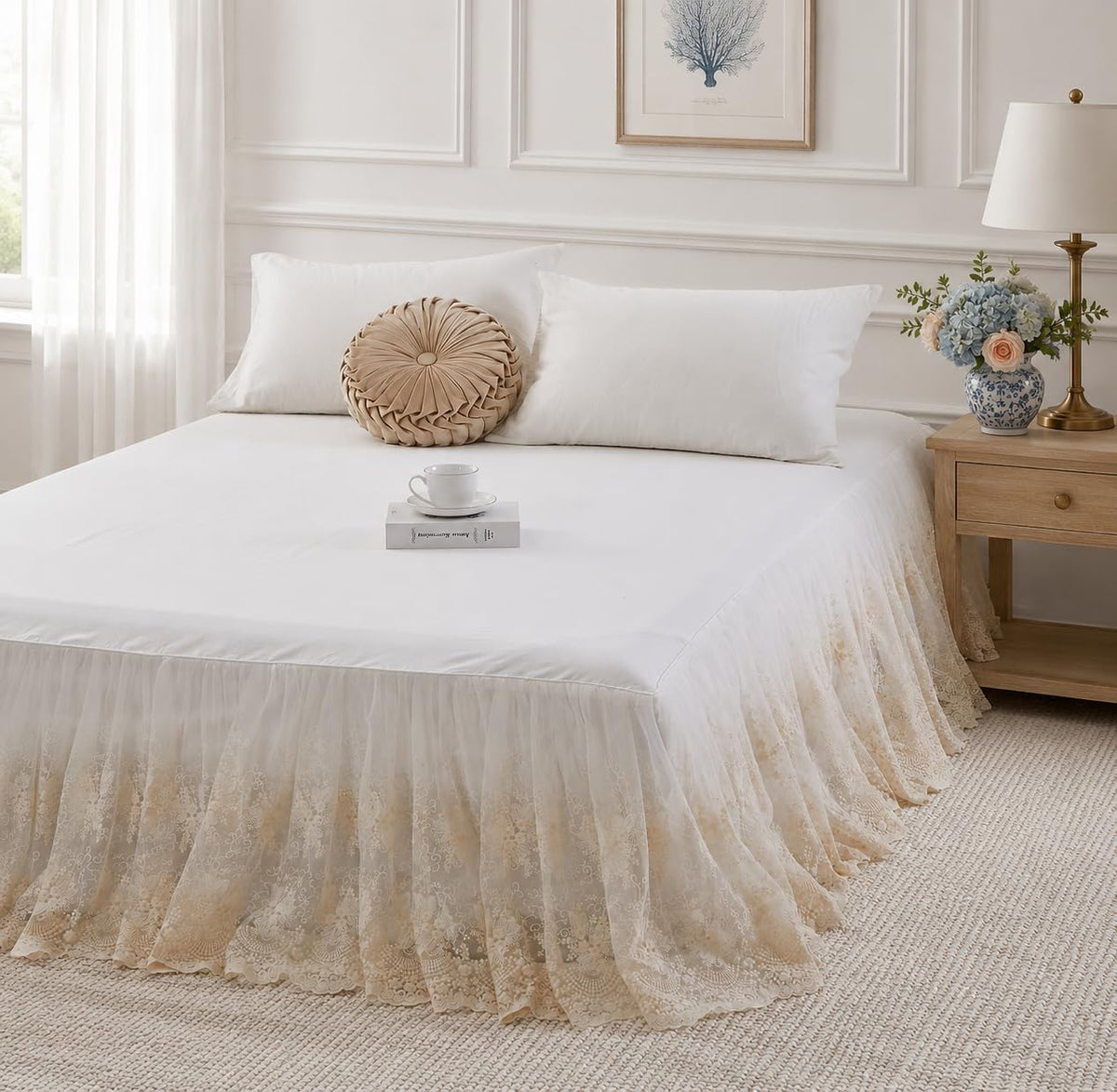 Brandream Cream Lace Bed Skirt King 18-Inch Drop Romantic Bedding