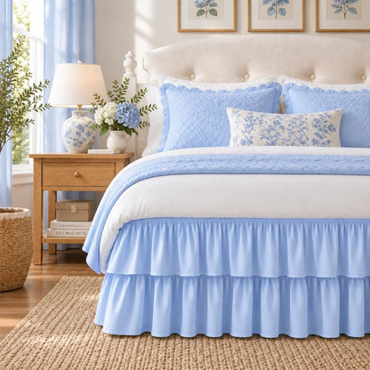 RIMELA Queen Size Ruffle Bed Skirt 16 Inch Drop - White Double Layered Wrap Around Dust Ruffle, Romantic Cute Design Bedskirt with High-Density Fabric, Soft Stretchy, Easy Install for Queen Bed
