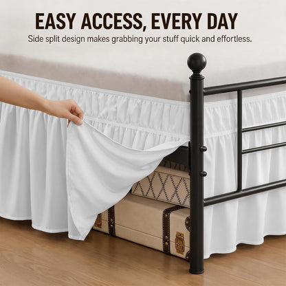 Queen Bed Skirt 14 inch Drop, Elastic Wrap Split Corner, Bright White