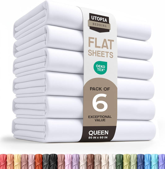 Queen Size Flat Sheet Only Pack of 6, Ultra Soft Hotel Sheets, White