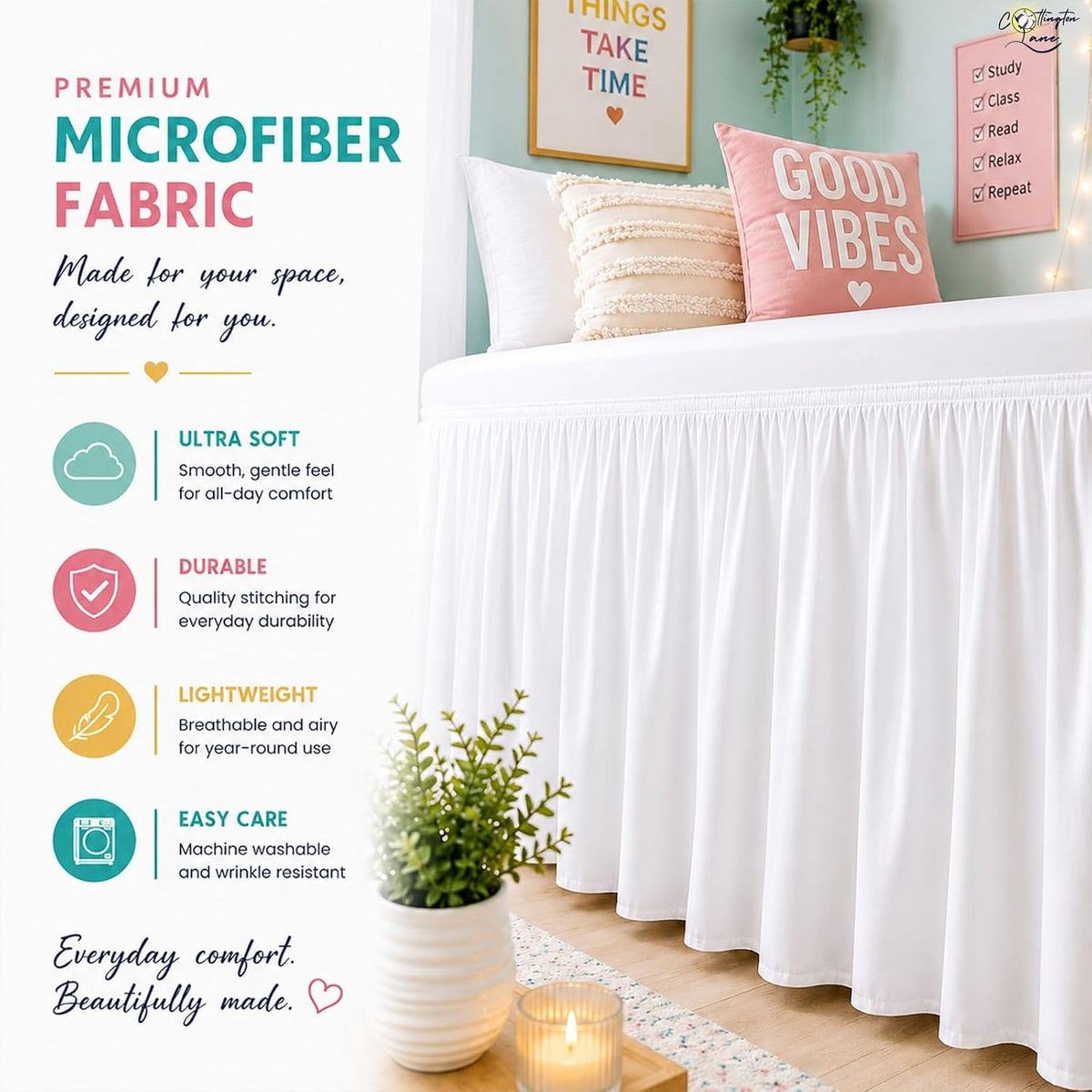 Cottington Lane Ruffled Dorm Room Bed Skirt Twin XL 30 Inch Drop, White