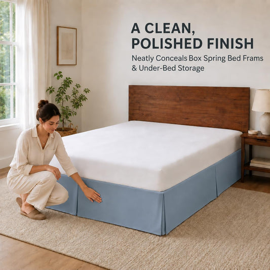 Cathay Home Queen Bed Skirt, 14" Drop Dust Ruffle, Blue Fog
