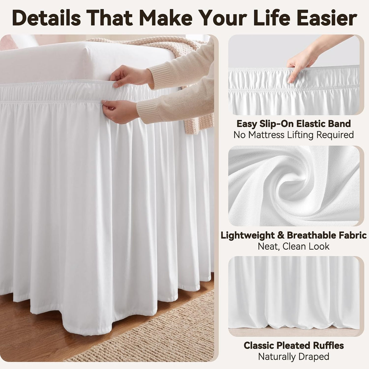 White Twin XL College Dorm Bed Skirt 32" Drop, Elastic Wrap Dust Ruffle