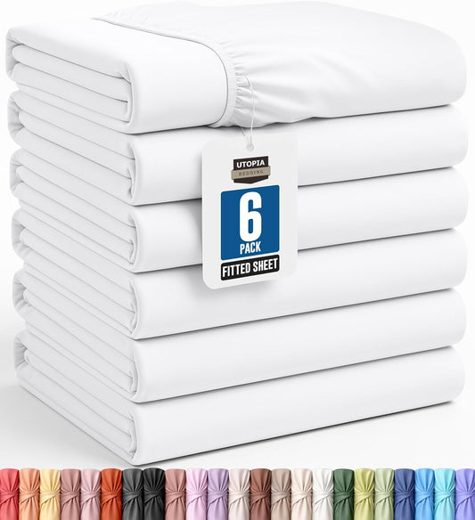 Pack of 6 Twin Fitted Sheet, Fits Up to 15 Inch Deep Pocket, White