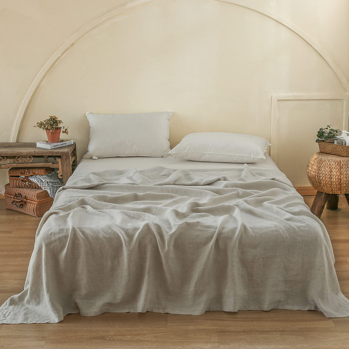 Simple&Opulence French Linen Flat Sheet with Embroidered Border-100% Stone Washed Flax Bedding,King Size(108''x102'') Ultra Soft,Breathable Flat Top Sheet-1 Piece Bed Flat Sheet Only(Linen)