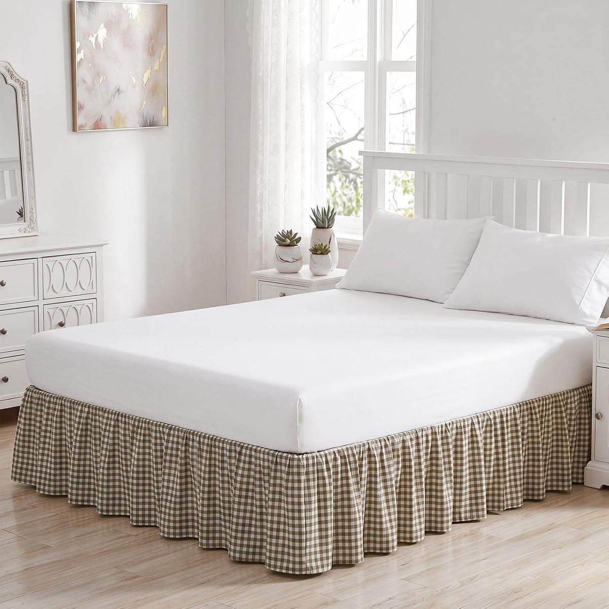 Taupe Gingham Bed Skirt Queen Size 16" Drop Pleated
