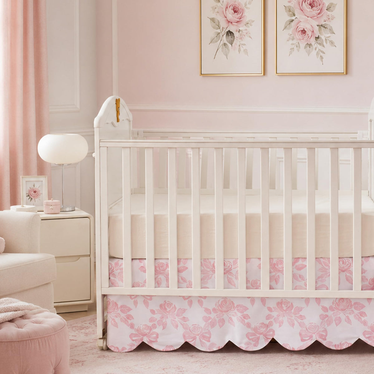 Brandream Scallop Edge Organic Cotton Crib Skirt, Baby Boy, Baby Girl, Gender Neutral Crib Skirt Toddler Bedskirt Farmhouse Chic Nursery Crib Bed Skirt, Boho Bohemian Solid Beige Skirt