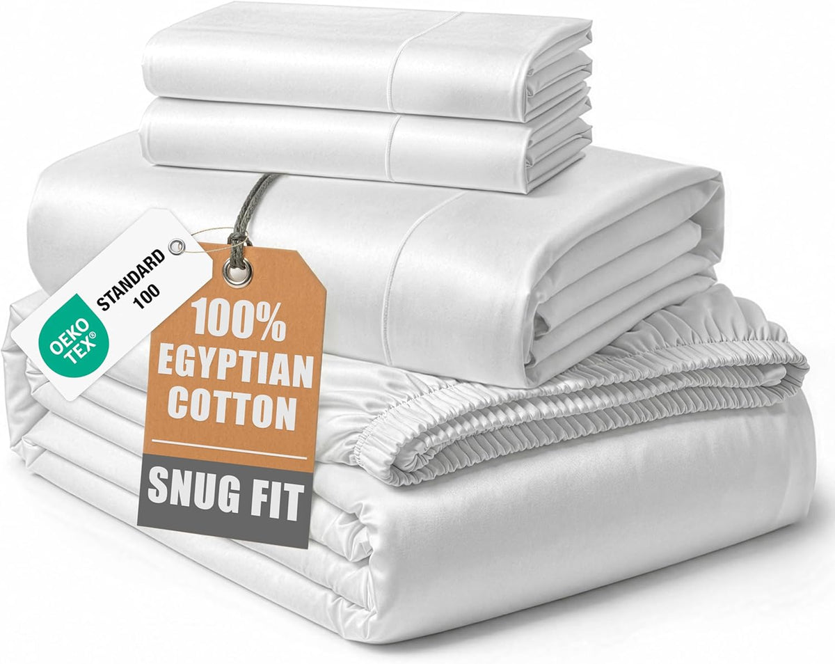 LANE LINEN 100% Egyptian Cotton Sheets King Size Silky Sateen Weave - White