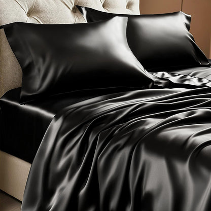 BEDELITE Satin Sheets Queen Size Bed Set, Black, 4 Pieces