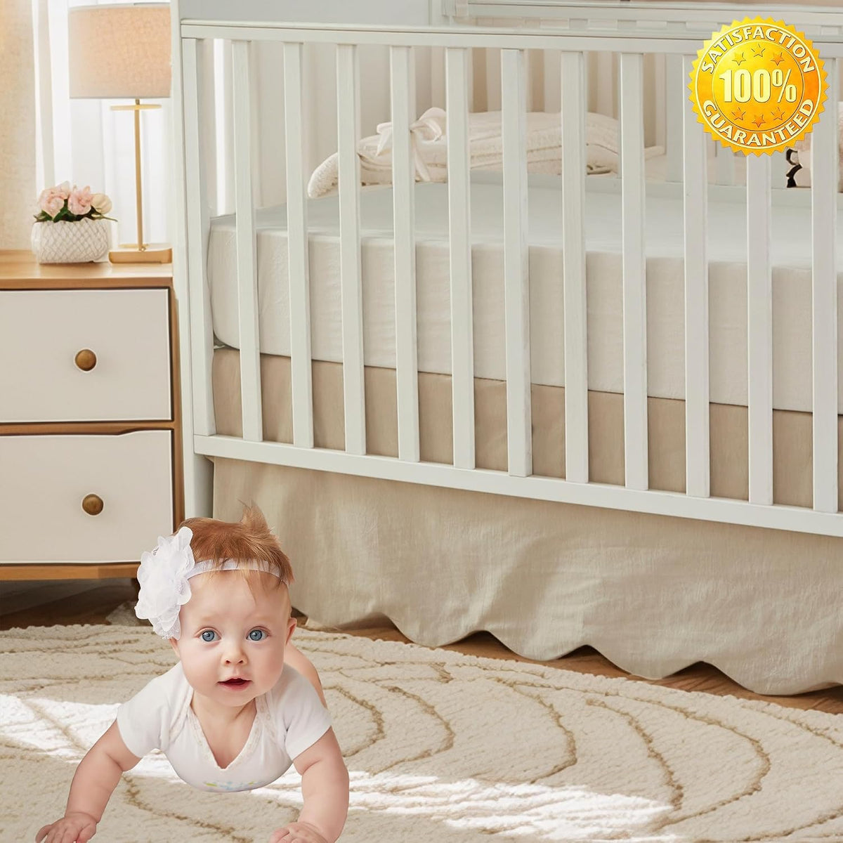 Brandream Scallop Edge Organic Cotton Crib Skirt, Baby Boy, Baby Girl, Gender Neutral Crib Skirt Toddler Bedskirt Farmhouse Chic Nursery Crib Bed Skirt, Boho Bohemian Solid Beige Skirt