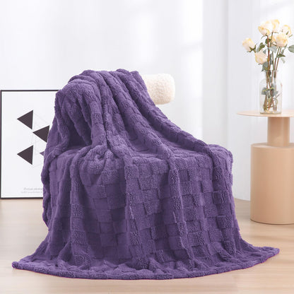 Deep Purple Fleece Throw Blanket 50”×60”Checkered Design for Couch
