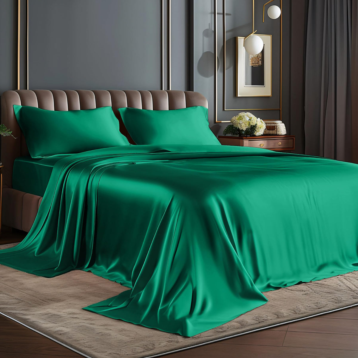 BEDELITE Satin Sheets Queen Size Bed Set, Black, 4 Pieces