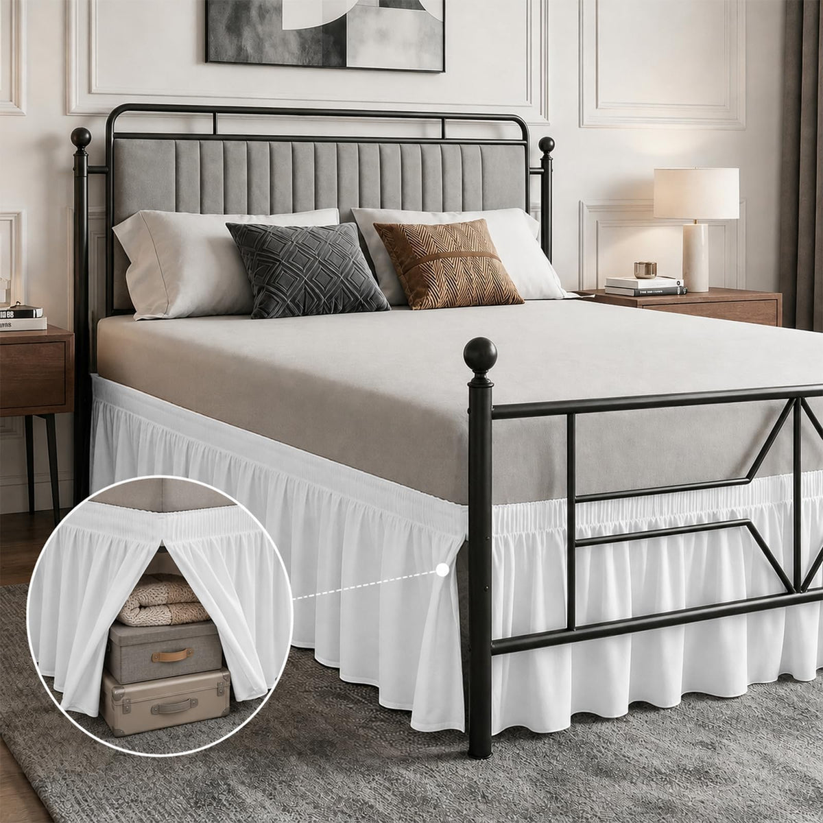 Queen Bed Skirt 14 inch Drop, Elastic Wrap Split Corner, Bright White
