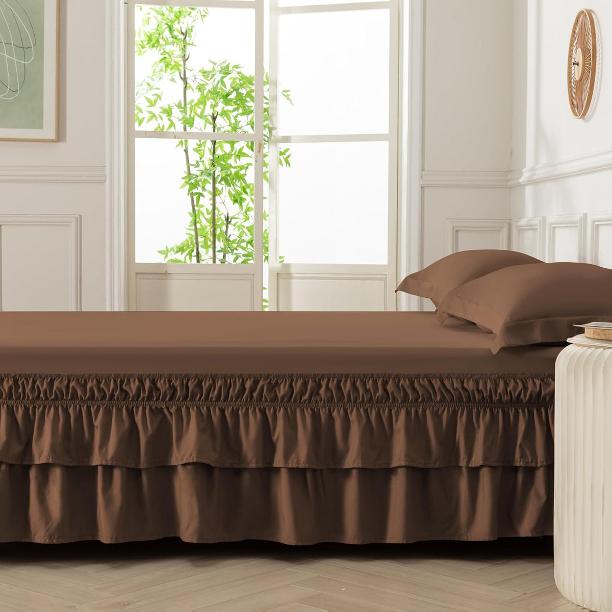 Double-Layered Ruffled Bed Skirt,Brown,Full/Queen, 14" Drop