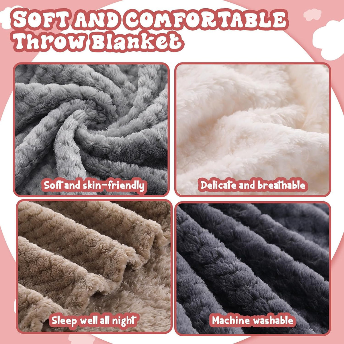 Newwiee 4 Pcs Fleece Throw Blanket, 3D Waffle Textured, Neutral Color