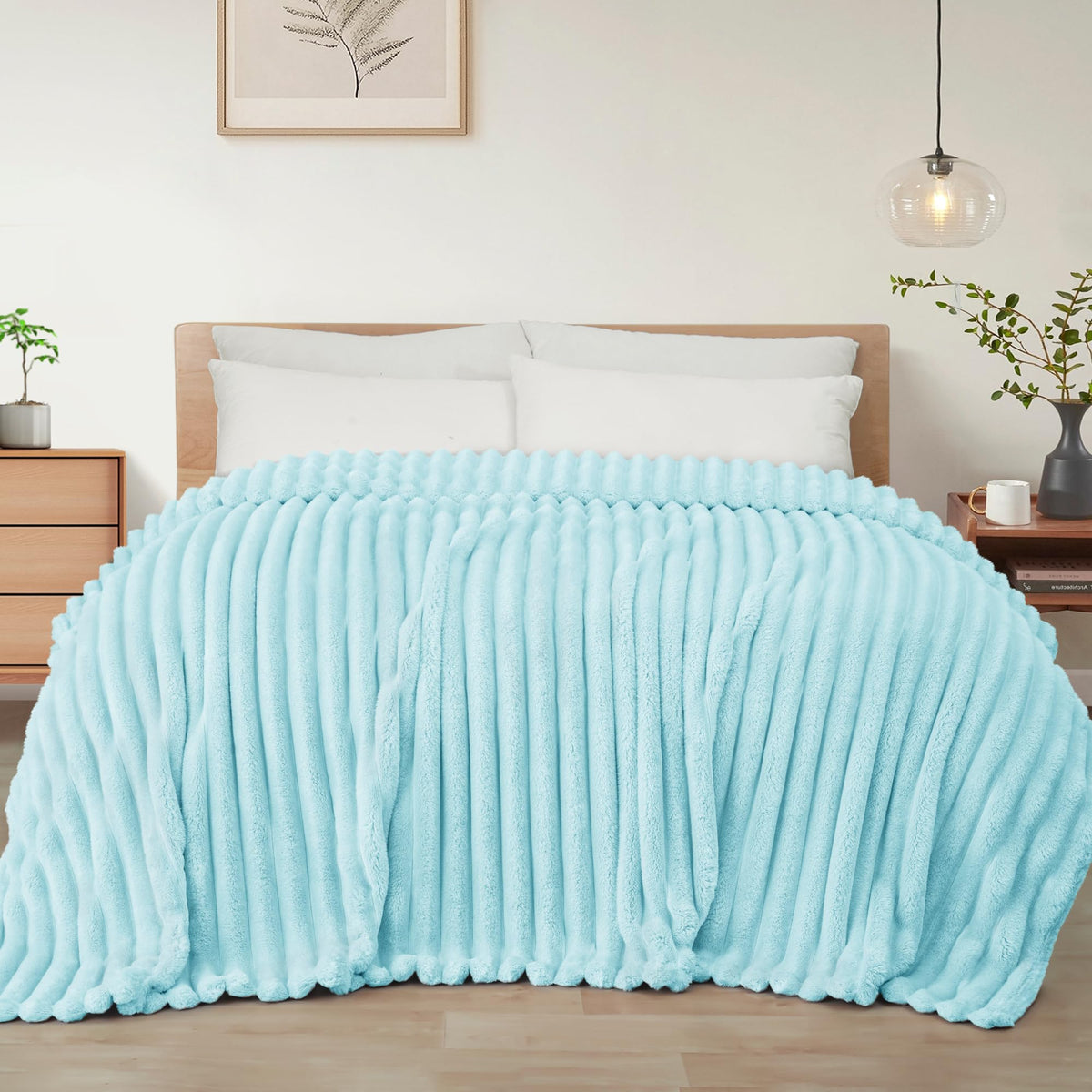 Exclusivo Mezcla Striped Fleece Throw Blanket for Couch, Sofa, Navy Blue