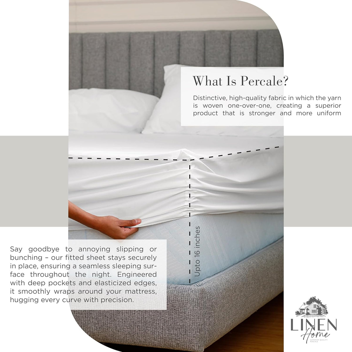 Linen Home 100% Cotton Percale Sheets Queen Size 4 Pc Cooling Set - White
