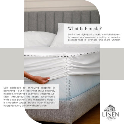 Linen Home 100% Cotton Percale Sheets Queen Size 4 Pc Cooling Set - White