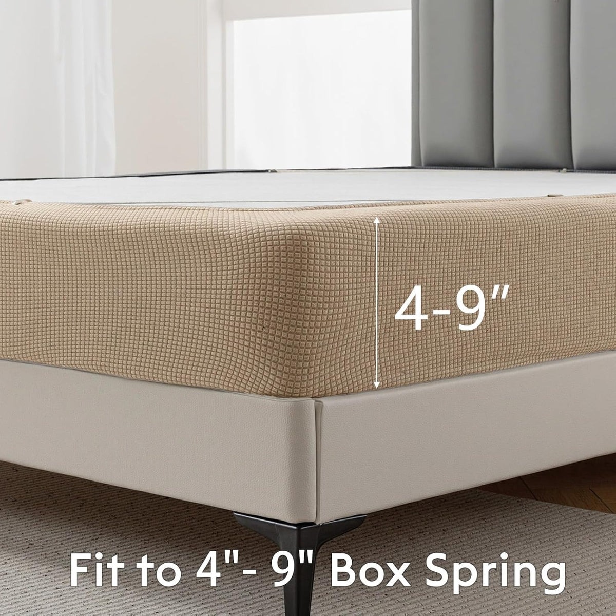 MIYE Jacquard Fabric Box Spring Cover,Super Stretchy Wrap Around 4 Sides Elastic Bed Skirt,Wrinkle & Fading Resistant,Washable & Easy Fit. (Cream, Queen)