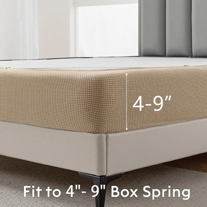 MIYE Jacquard Fabric Box Spring Cover,Super Stretchy Wrap Around 4 Sides Elastic Bed Skirt,Wrinkle & Fading Resistant,Washable & Easy Fit. (Cream, Queen)