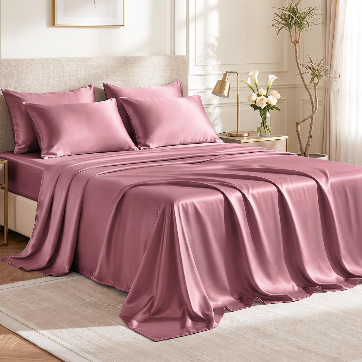 Love's cabin Satin Queen Sheets Set, 4 Pieces, Pink, 15" Deep Pocket