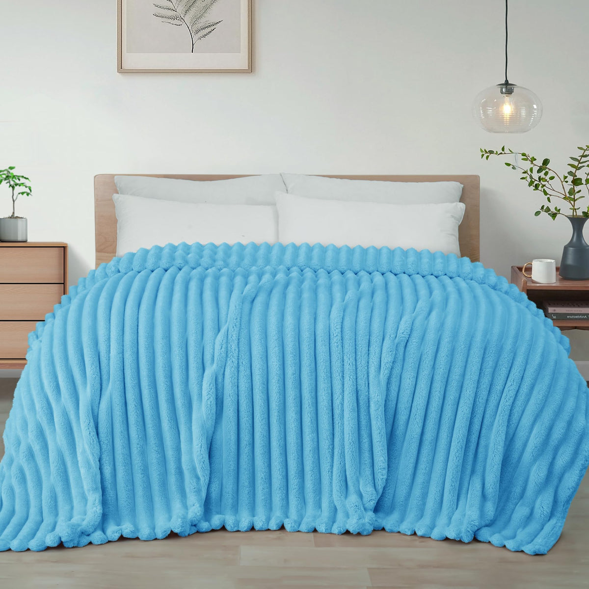 Exclusivo Mezcla Striped Fleece Throw Blanket for Couch, Sofa, Navy Blue